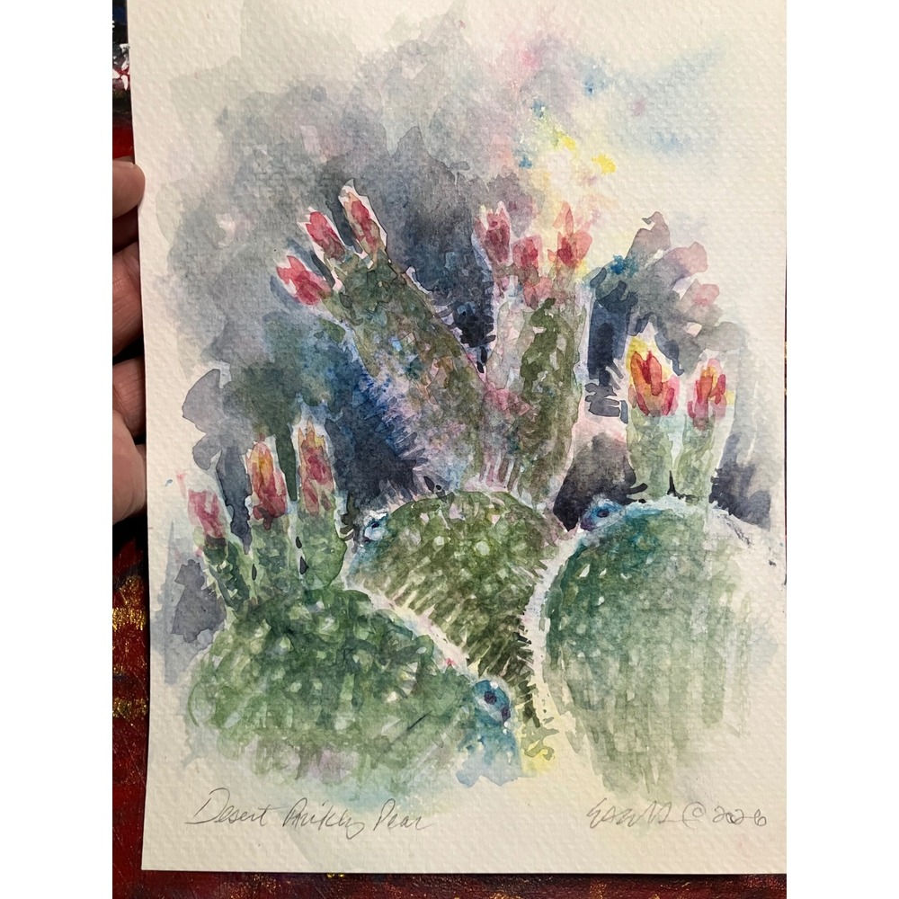 Original Watercolor Painting Prickly Pear desert Cactus plants Signed Artettina